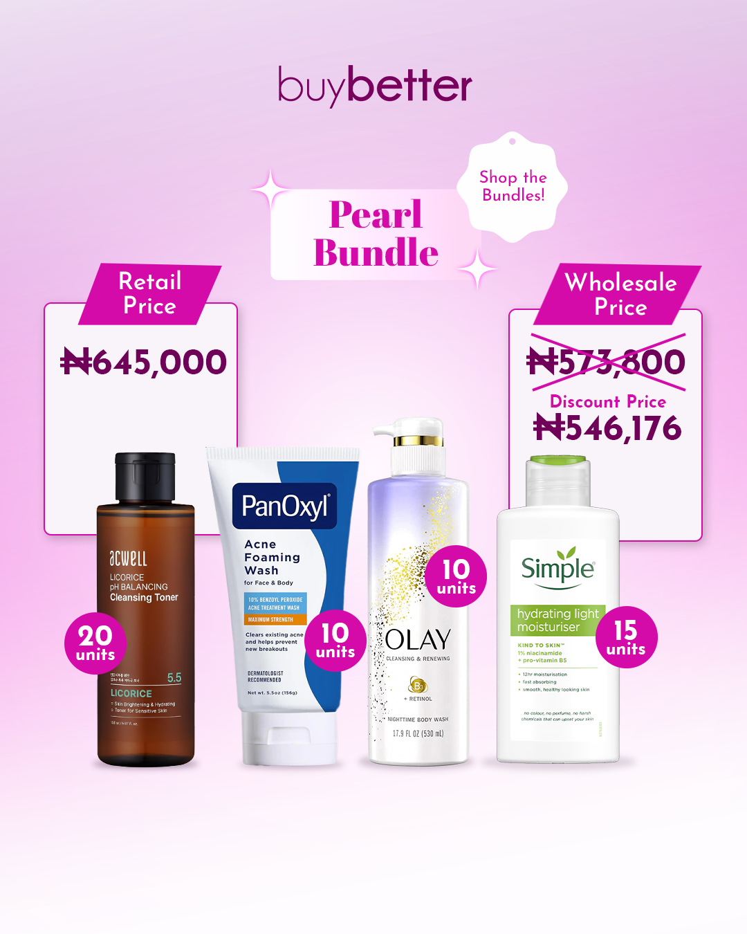 Pearl Bundle (Acwell Licorice pH Balancing Cleansing Toner 150ml; PanOxyl Acne Foaming Wash 10% 156g; Olay Retinol + B3 Hydrating Body Wash 591ml; Simple Hydrating Light Moisturizer 125ml)