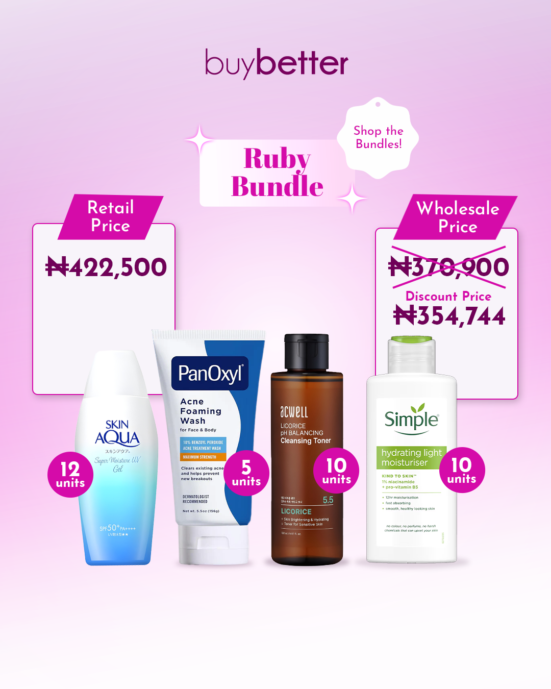 Ruby Bundle (Acwell Licorice pH Balancing Cleansing Toner 150ml; PanOxyl Acne Foaming Wash 10% 156g; Simple Hydrating Light Moisturizer 125ml; Skin Aqua Sunscreen 110g)
