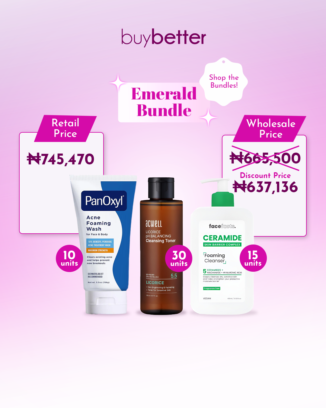 Emerald Bundle (Acwell 5.5 pH Balancing Licorice Toner 300ml; PanOxyl Acne Foaming Wash 10% 156g; FaceFacts Ceramide Foaming Cleanser 400ml)