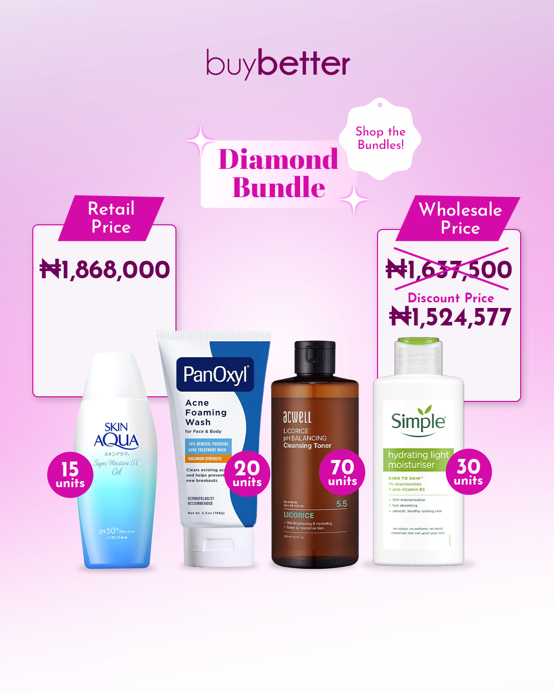 Diamond Bundle (Acwell 5.5 pH Cleansing Licorice Toner 300ml; PanOxyl Acne Foaming Wash 10% 156g; Simple Hydrating Light Moisturizer 125ml; Skin Aqua Sunscreen 110g)